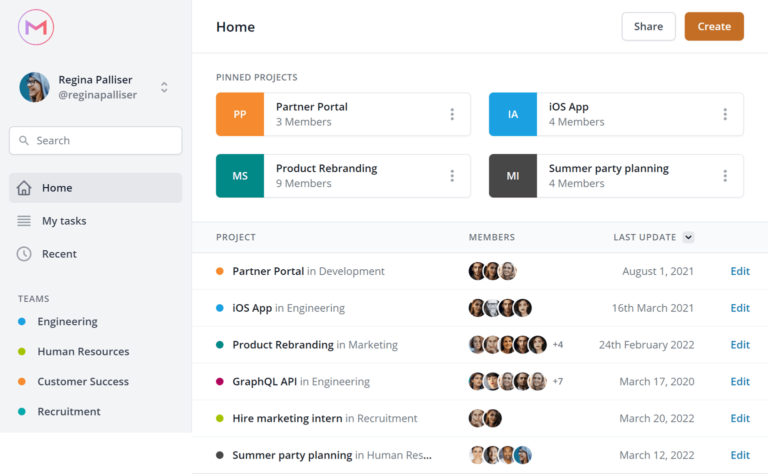 Project management app screenshot