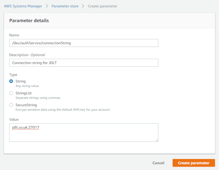 AWS parameter store create parameter window screenshot