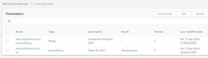 AWS parameter store screenshot