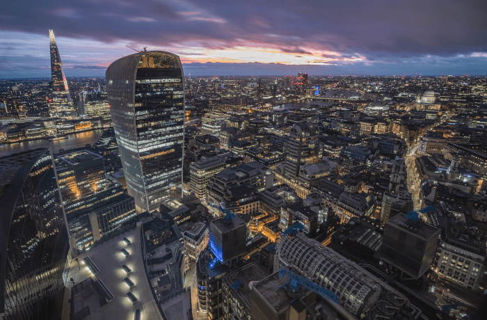 London city at night, viewed from a skyscraper